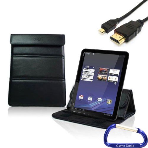 Gizmo Dorks Faux Leather Case / Stand (Black) and HDMI Cable with Carabiner Key Chain for the Motorola Xoom Tablet