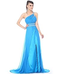 A-line Chiffon Slit Lace Beaded Floor Length Natural   Waistline One Shoulder Prom Dress 