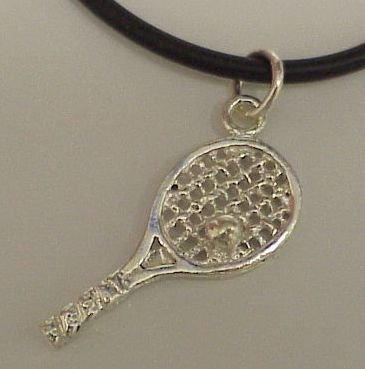 Sterling Silver Tennis Racquet Charm with 18″ Black Cord Necklace