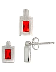 Sterling Silver Matte-finish Rectangular Earrings (9mm tall) & Pendant (11mm tall) Set, w/ Emerald Cut Ruby-colored CZ Stones