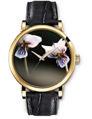 SPRAWL Aanalog Fashion Series Gold Ladies Watches of Genuine Black Leather Strap,Unique Wrist Watch for Women Girls Designed with white Flowers