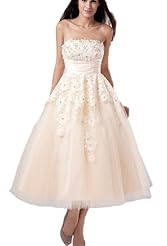 Strapless Corset   Waistline Lace Beaded Pleated Tea Length Evening Dress 