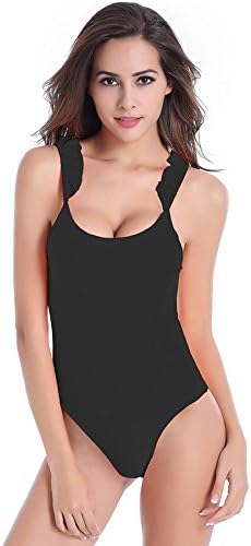 Nogajoe Women's Ruffled Strap Endurance Shirred Tank One-Piece Swimsuit Bikini Black M