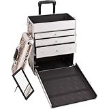 33.25 inch 4 in 1 Leopard Print Aluminum Finish Travel Rolling Wheeled Professional Makeup Organizer Trolley w/ 3 Detachable Trays + 3 Aluminum Drawers