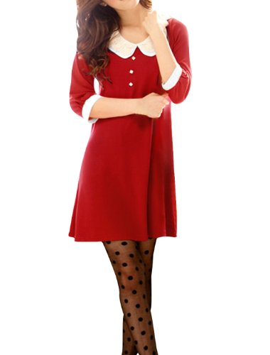 Allegra K Women Layered Tiered Crochet Doll Collar 3/4 Sleeve Shift Dress M Red