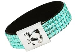 Bling 4 Row Faux Leather & Blue Acrylic Crystal Cuff Bracelet with Foldover Magnetic Heart Clasp