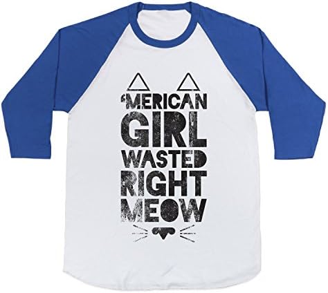Merican Girl Wasted Right Meow Baseball T-Shirt (White/Royal, Size XL)