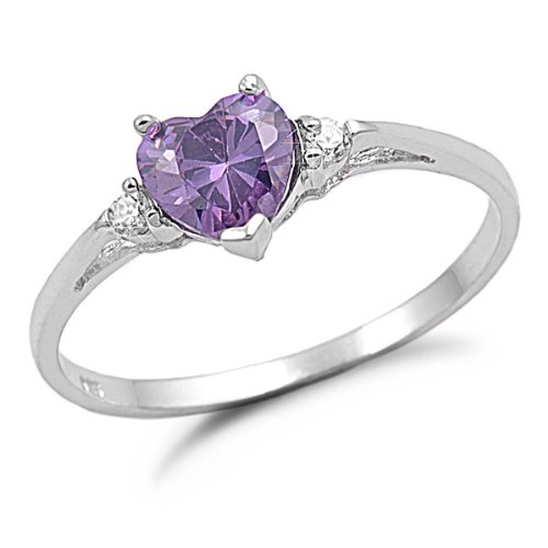 Amethyst Heart CZ Sterling Silver Ring Sizes 4 to 9