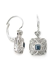 14k White Gold, Square, Drop, Diamond Earring, with Sapphire Stone, with .19 Cttw of White Diamonds and .33 Cttw of Sapphire (G-H Color, SI1-SI2)