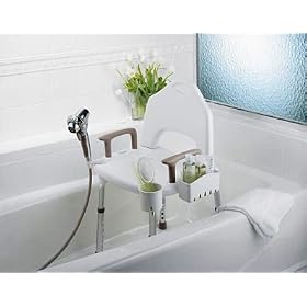 Shower Chair Deluxe KIt - Includes contoured, non-slip seat with removable back and armrests. Weight capacity 300 lbs with adjustable legs and rubber feet for added safety. Two convenient storage baskets fit either side and hand held shower attachment to keep water near by. All have excellent drainage.