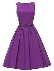 Bateau Neck Flared-Skirt Vintage Belted Cotton/Elastane  Dress