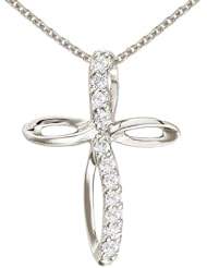 14K White Gold Small Swirl Diamond Cross Pendant with 18" Chain