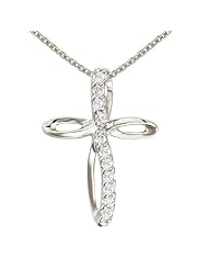 14K White Gold Small Swirl Diamond Cross Pendant plus 18" Chain