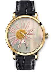 SPRAWL Aanalog Fashion Series Gold Ladies Watches of Genuine Black Leather Strap,Unique Wrist Watch for Women Girls Designed with daisy withers