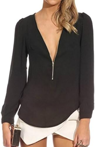 21secret Womens Long Sleeve V Neck Zipper Sexy Chiffon Pullover T-shirt Blouse (Small, Black)