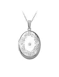 Diamond Accented Oval Engraved Locket in Sterling Silver