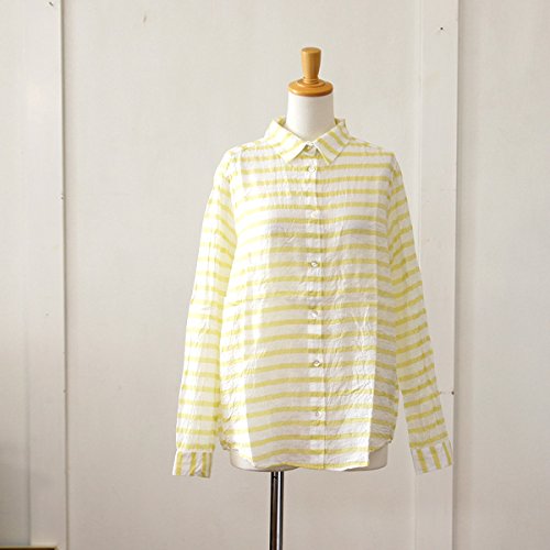 (イチ) ICHI しわ加工ボーダー柄レギュラーカラー長袖シャツ フリーサイズ オフ×イエロー（A）