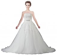 Strapless Lace Vintage Beaded Crystal Applique  Organza  Ball Gown Wedding Dress  With a Sash 