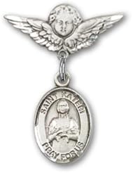 Sterling Silver Baby Badge with St. Kateri Charm and Angel with Wings Badge Pin