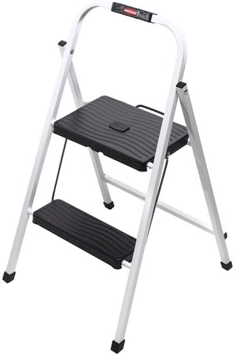 Rubbermaid Folding 2-Step Lightweight Steel Frame Stool with Hand Grip and Plastic Steps, 200-Pound Capacity, White