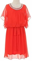 Knee Length Beaded  Chiffon Elasticized   Waistline  Dress With a Sash  and Pearls