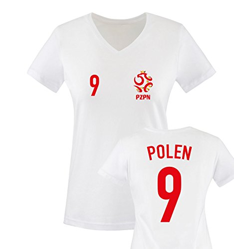 EM 2016 – TRIKOT – EM 2016 – POLEN – 9 – Damen V-Neck T-Shirt – Weiss / Rot-Gold Gr. L