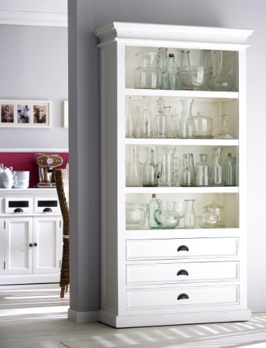 Interior White Distressed Bookcase made of solid Mahogany Wood, Kitchen Shelves or Officeshelving, 3 drawers and 4 shelves, Halifax Collection