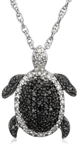 Sterling Silver Black and White Diamond Turtle Pendant, (0.25 cttw)