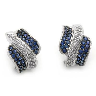 14k White Gold Blue Sapphire and Diamond Wave Design Earrings