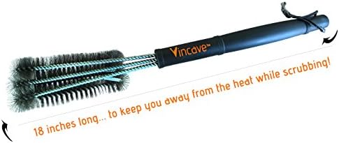 VincaveTM Premium Heavy Duty Grill Brush - 3 Heads of Heavy-duty Metal Bristles Lift Away Stubborn Grime - 18" Long Handle - Safe for Use on Gas, Electric, Weber, Charcoal, Porcelain & Infrared BBQ Grills + Bonus a Set of 2 Cleaning Sponges to Clean the Rest of the Grill
