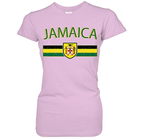 Jamaica Distressed Flag Banner -Jamaican Crest Shield Juniors T-Shirt