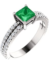 10K White Gold 5.00x5.00mm Princess Cut Chatham Created Emerald and Diamond Ring -- LIFETIME WARRANTY
