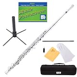 Mendini MFE-N Nickel Plated Key of C Flute + 1 Yr Warranty, Case, Stand, Cleaning Rod & Cloth, Joint Grease, & a Pair of Gloves