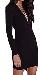 V-neck Plunging Neck Spandex Long Sleeves Lace-Up Above the Knee Mini Dress 