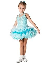 Toddler Lace  Beaded Halter Above the Knee Short Organza Pageant Dress  With Ruffles
