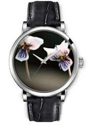 SPRAWL Aanalog Fashion Series Silver Ladies Watches of Genuine Black Leather Strap,Unique Wrist Watch for Women Girls Designed with white Flowers