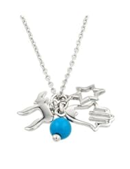 Sterling Silver Rhodium Plated Star Of David, Chai And Hamsa Hand Religious Necklace With A Turquoise Bead 16 Inch Plus 2 Inch Adjustable