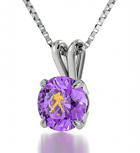 925 Silver Zodiac Pendant Aquarius Necklace Inscribed in 24k Gold on Light Purple Swarovski Crystal, 18"