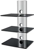 Floating Three SHELVES Wall Mount for AUDIO VIDEO DVD Hi Fi Equipment - BLACK Glass SILVER Tube