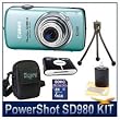 Canon Powershot SD980IS Blue 12MP Digital ELPH Camera with 5x Ultra Wide Angle Optical Image Stabilized Zoom and 3-inch LCD Bundle w/ 4GB SD Memory Card, Reader, Case, Tripod and Lens Cleaning Kit