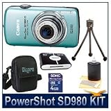 Canon Powershot SD980IS Blue 12MP Digital ELPH Camera with 5x Ultra Wide Angle Optical Image Stabilized Zoom and 3-inch LCD Bundle w/ 4GB SD Memory Card, Reader, Case, Tripod and Lens Cleaning Kit
