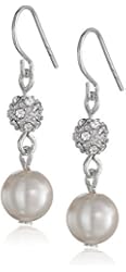 Cream 8mm Simulated Pearl and Pave Fireball Drop Earrings