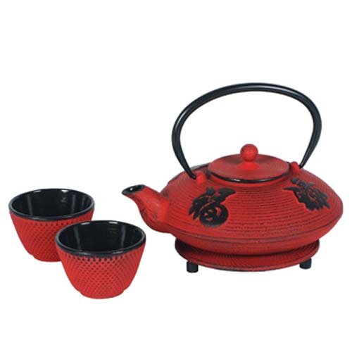 ++Red Cast Iron Tea Set Teapot, Two Cups & Trivet iivmxvxhis