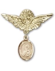 14K Gold Baby Badge with St. Athanasius Charm and Angel with Wings Badge Pin