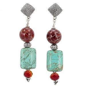 Turquoise and Fire Agate Gemstone Dangle Earrings with Sterling Silver Beaded Pyramid Style Post, #7497