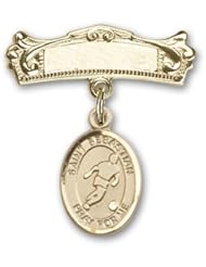 Gold Filled Baby Badge with St. Sebastian/Soccer Charm and Arched Polished Badge Pin