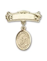 14K Gold Baby Badge with St. Sebastian/Soccer Charm and Arched Polished Badge Pin