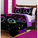 Black Purple Pink Peace Sign Twin Girls Comforter Bed in a Bag Set