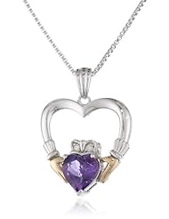 XPY Sterling Silver and 14k Yellow Gold Amethyst Heart and Diamond in Claddagh Frame Pendant Necklace, 18"