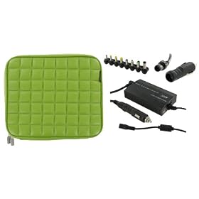 rooCase 4n1 Combo - Acer Aspire One AOD250-1706 10.1-Inch Memory Foam Netbook Slip Case with AC and DC Adapter Charger Home / Car / Airplane - Square Design Green